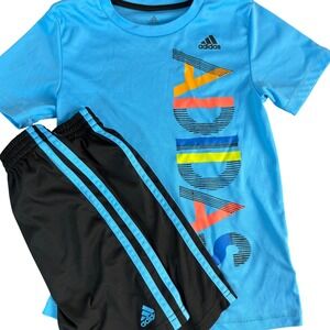 Kids Adidas Blue Short Sleeve T Shirt Black Athletic Shorts Set Size 7